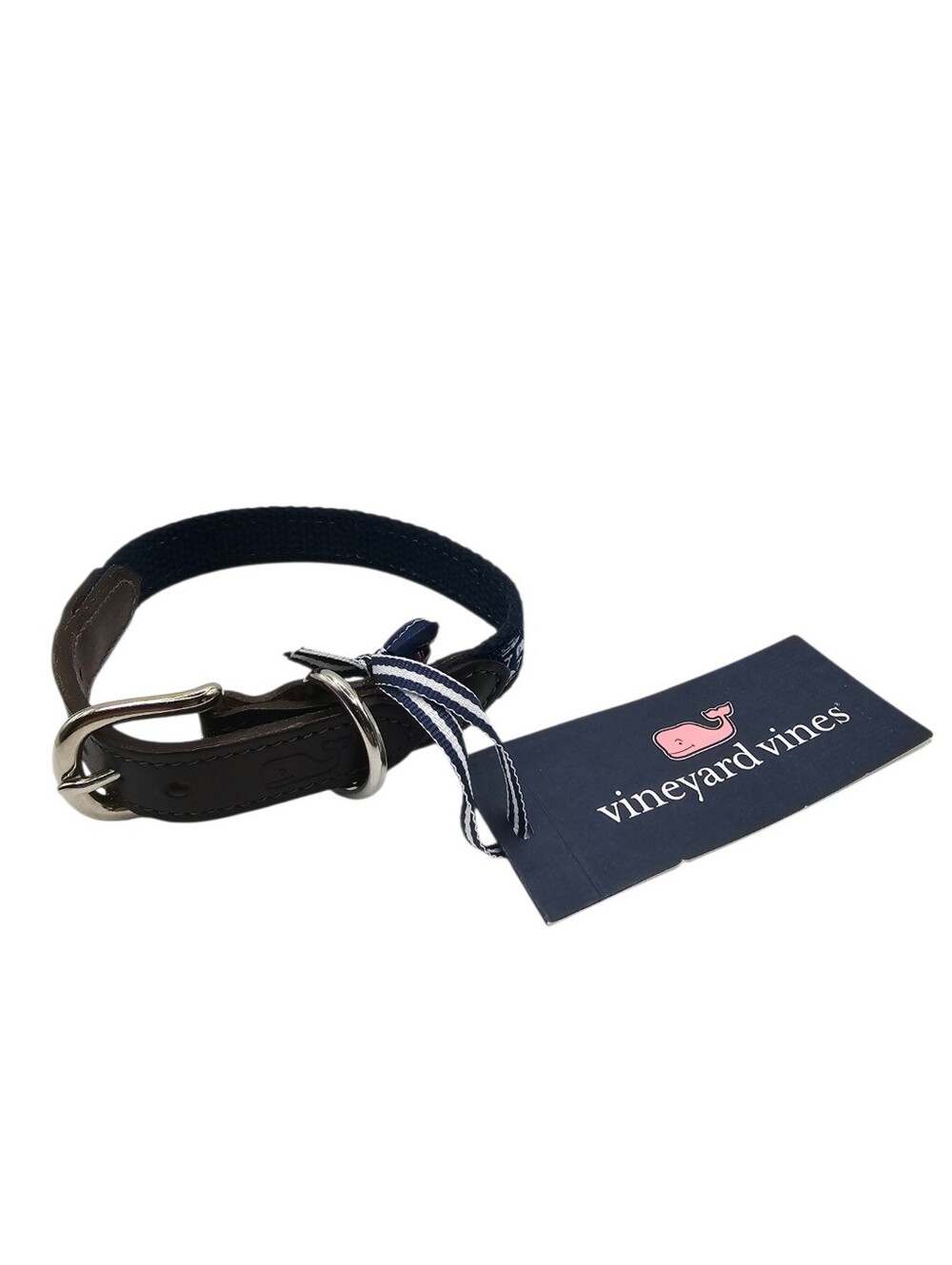 Vineyard Vines Leather Canvas Dog Collar Whale Print Blue NWT